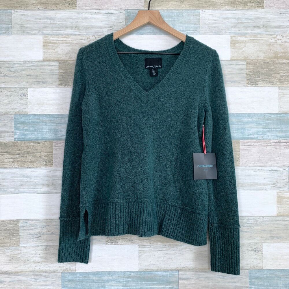 Cynthia Rowley V Neck Wool Blend Sweater Green Ribbed Soft Stretchy Womens Small
